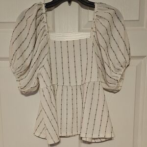 Madewell White Striped Puff-Sleeve Peplum Top